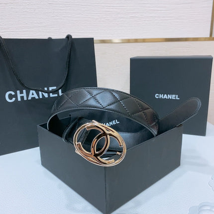 DOUBLE C BELT 38MM IN BLACK QUILTED LAMBSKIN WITH GOLD OVAL BUCKLE CENTERED LOGO