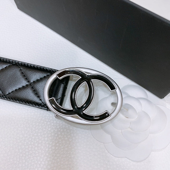 DOUBLE C BELT 38MM IN BLACK QUILTED LAMBSKIN SILVER OVAL BUCKLE CENTERED BLACK LOGO