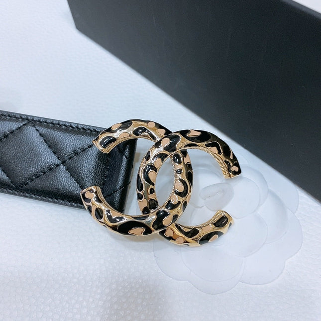 DOUBLE C BELT 38MM IN BLACK QUILTED LAMBSKIN WITH BLACK AND BEIGE LEOPARD PRINT BUCKLE