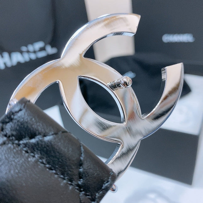 DOUBLE C 38MM IN BLACK QUILTED LAMBSKIN SILVER BUCKLE