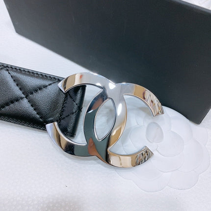 DOUBLE C 38MM IN BLACK QUILTED LAMBSKIN SILVER BUCKLE