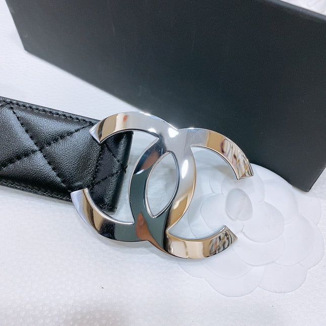 DOUBLE C 38MM IN BLACK QUILTED LAMBSKIN SILVER BUCKLE