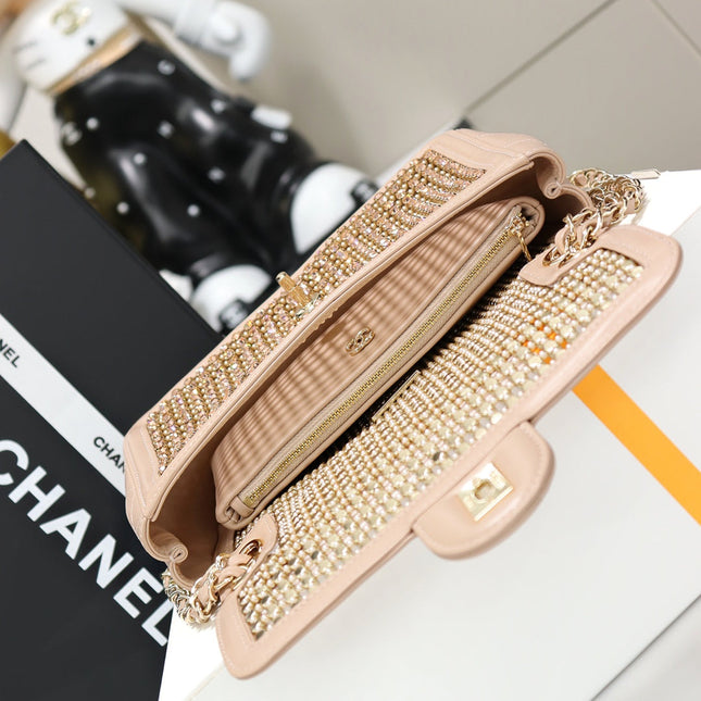 CHANEL 25S FLAP BAG 25 CM IN BEIGE CRYSTAL EMBELLISHMENT