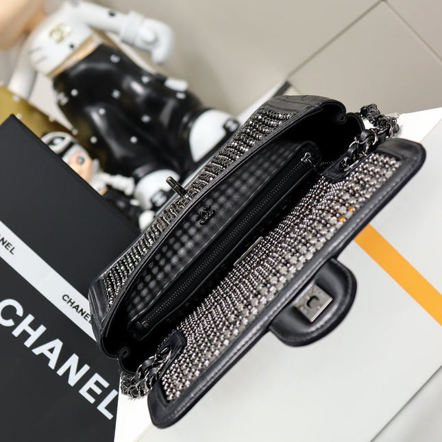 CHANEL 25S FLAP BAG 25 CM IN BLACK LAMBSKIN MIX CRYSTAL EMBELLISHMENT