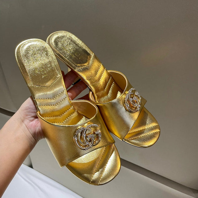 GG HIGH HEELS 70 IN SHINY GOLD LAMBSKIN GOLD HARDWARE WITH CRYSTALS