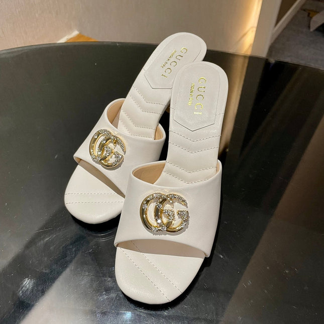 GG HIGH HEELS 70 IN WHITE LAMBSKIN GOLD HARDWARE WITH CRYSTALS