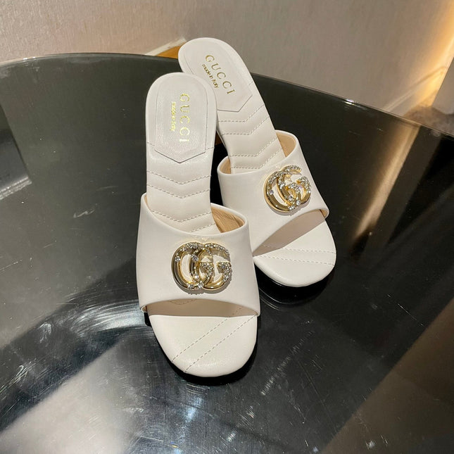 GG HIGH HEELS 70 IN WHITE LAMBSKIN GOLD HARDWARE WITH CRYSTALS