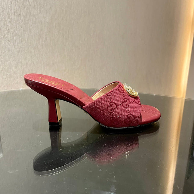 GG HIGH HEELS 70 IN RED LAMBSKIN AND FABRIC GOLD HARDWARE WITH CRYSTALS