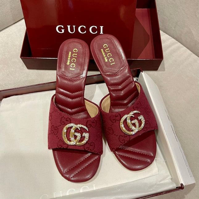 GG HIGH HEELS 70 IN RED LAMBSKIN AND FABRIC GOLD HARDWARE WITH CRYSTALS