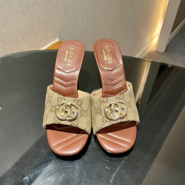 GG HIGH HEELS 70 IN BROWN LAMBSKIN GOLD HARDWARE WITH CRYSTALS