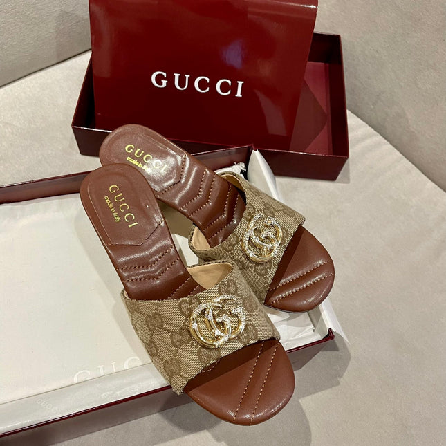 GG HIGH HEELS 70 IN BROWN LAMBSKIN GOLD HARDWARE WITH CRYSTALS