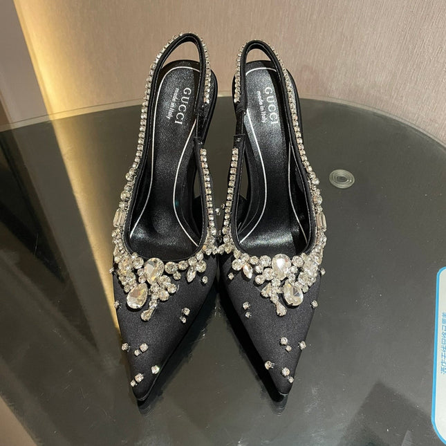 GG HIGH SLINGBACK 105 IN BLACK SATIN WITH CRYSTAL DIAMONDS