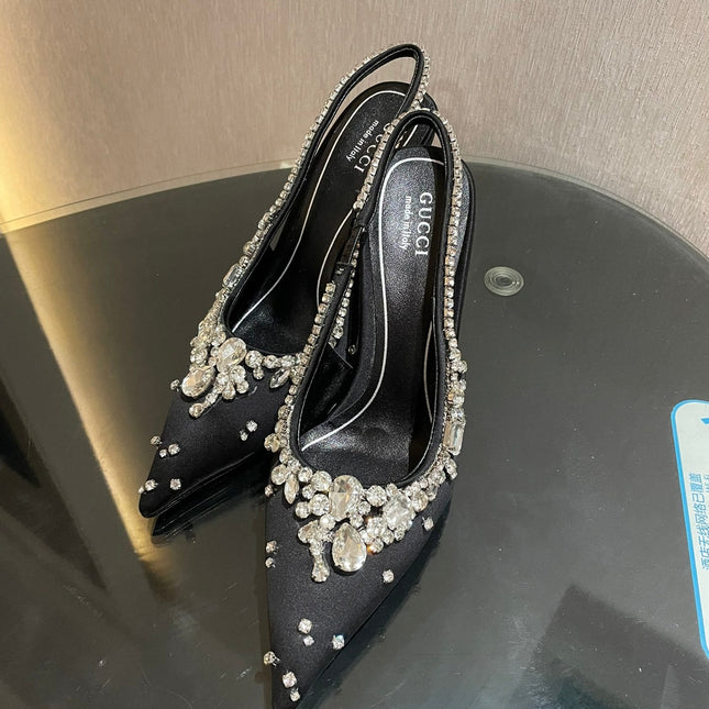 GG HIGH SLINGBACK 105 IN BLACK SATIN WITH CRYSTAL DIAMONDS