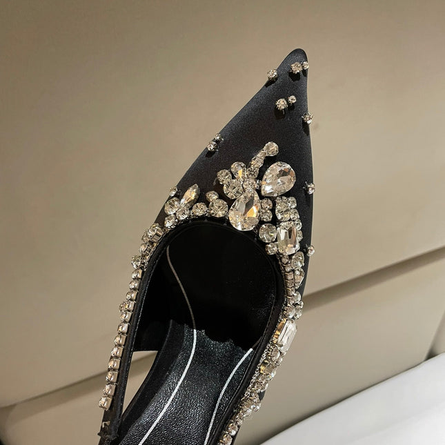 GG HIGH SLINGBACK 105 IN BLACK SATIN WITH CRYSTAL DIAMONDS