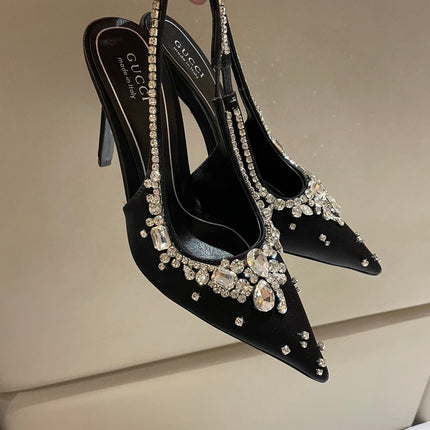 GG HIGH SLINGBACK 105 IN BLACK SATIN WITH CRYSTAL DIAMONDS