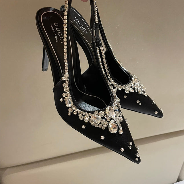 GG HIGH SLINGBACK 105 IN BLACK SATIN WITH CRYSTAL DIAMONDS