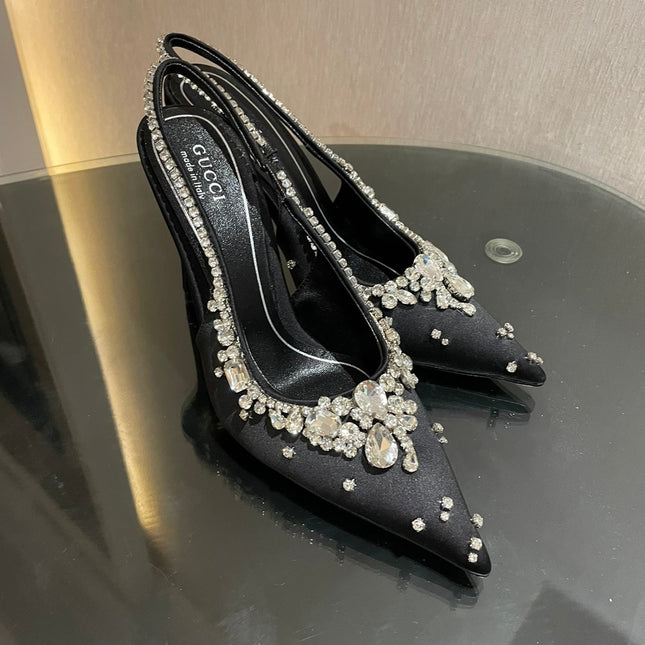 GG HIGH SLINGBACK 105 IN BLACK SATIN WITH CRYSTAL DIAMONDS