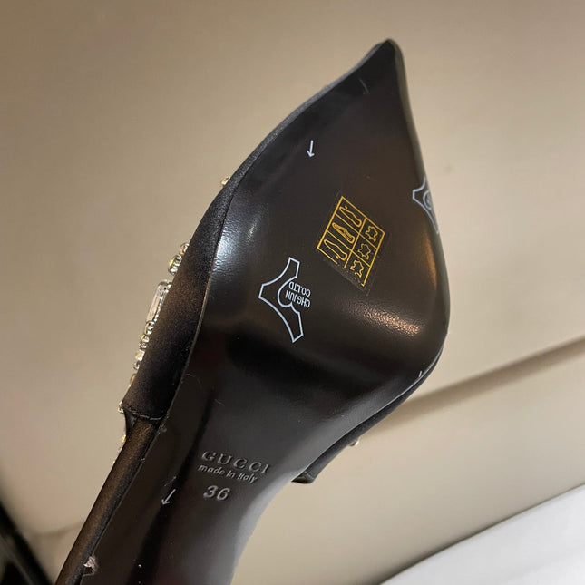 GG HIGH SLINGBACK 105 IN BLACK SATIN WITH CRYSTAL DIAMONDS