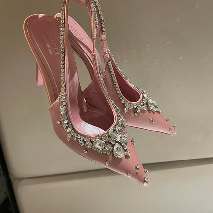GG HIGH SLINGBACK 105 IN PINK SATIN WITH CRYSTAL DIAMONDS