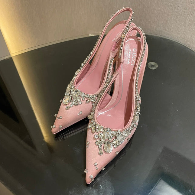 GG HIGH SLINGBACK 105 IN PINK SATIN WITH CRYSTAL DIAMONDS
