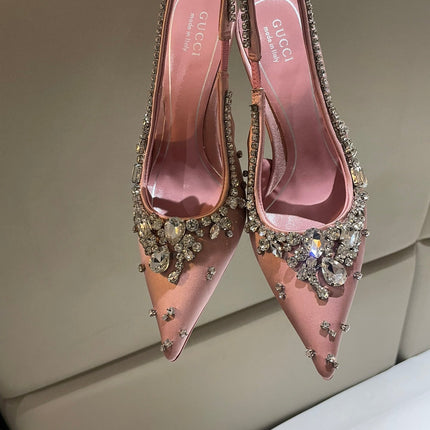 GG HIGH SLINGBACK 105 IN PINK SATIN WITH CRYSTAL DIAMONDS
