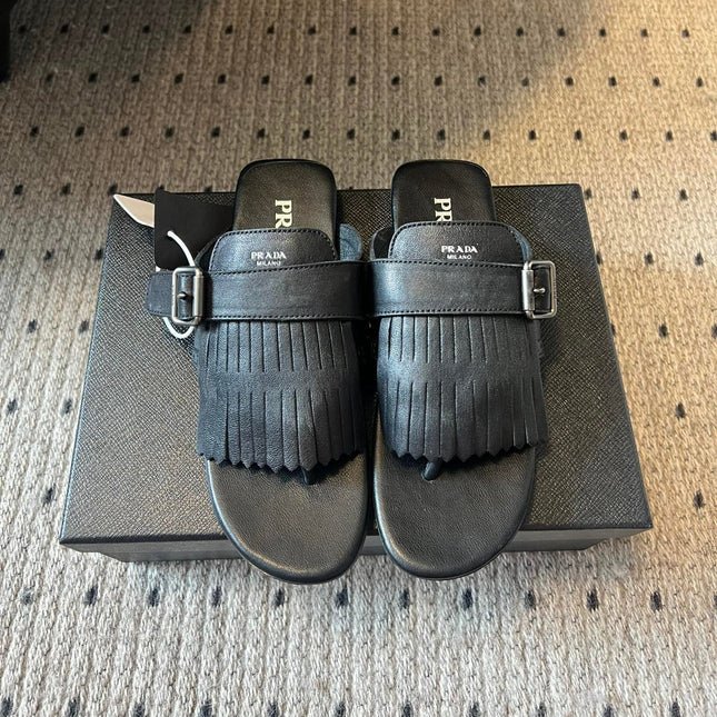PRADA 25S SHUFFLE LEATHER THONG SANDALS IN BLACK CALFSKIN