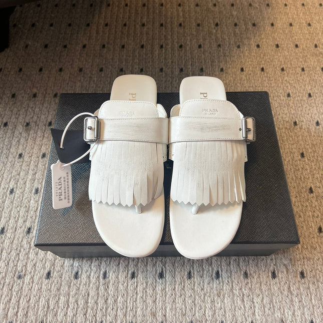 PRADA 25S SHUFFLE LEATHER THONG SANDALS IN IVORY CALFSKIN