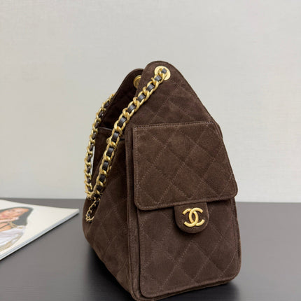 CHANEL 25S HOBO BAG 40 CM IN DARK BROWN SUEDE WITH GOLD HARDWARE