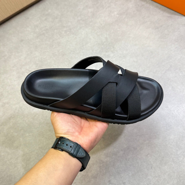 KAZIMIR SANDAL IN BLACK CALFSKIN AND CANVAS