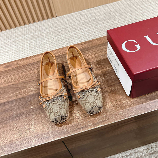 BALLET FLATS HORSEBIT IN BEIGE AND DARK BROWN CANVAS