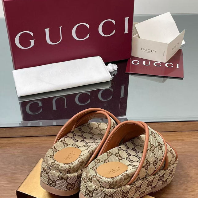 GG PLATFORM SANDALS IN BEIGE AND DARK BROWN GG CANVAS