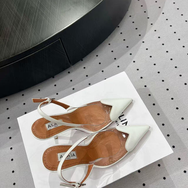 ALAIA HIGH 9 CM SLINGBACK IN WHITE PATENT CALFSKIN AND FILM
