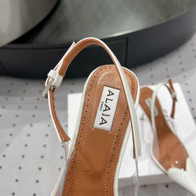 ALAIA HIGH 9 CM SLINGBACK IN WHITE PATENT CALFSKIN AND FILM