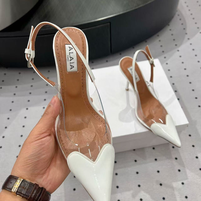 ALAIA HIGH 9 CM SLINGBACK IN WHITE PATENT CALFSKIN AND FILM