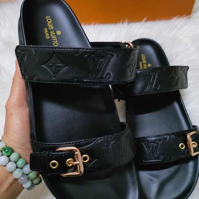 LV LOCK IT SANDALS IN BLACK EMBOSSED CALFSKIN