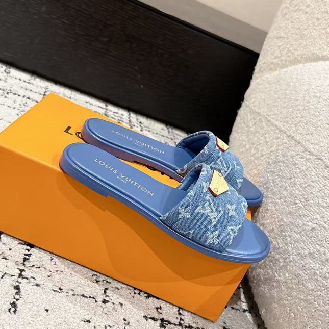 LV FLAT MULES BLUE IN BLUE DENIM GOLD-TONE PLAQUE