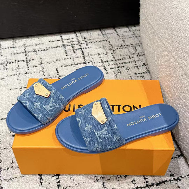 LV FLAT MULES BLUE IN BLUE DENIM GOLD-TONE PLAQUE