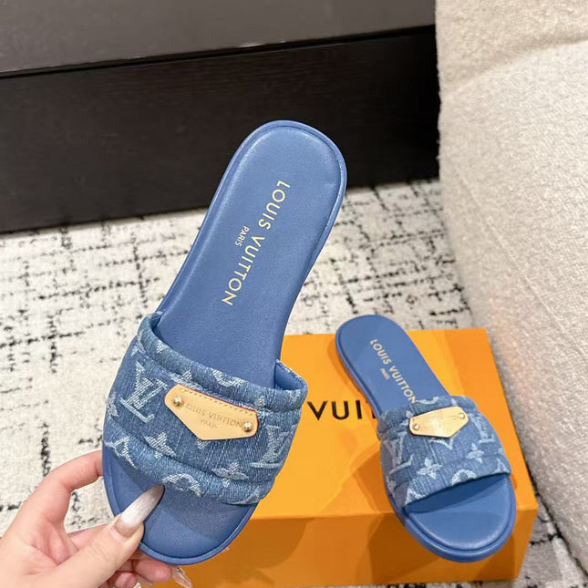 LV FLAT MULES BLUE IN BLUE DENIM GOLD-TONE PLAQUE