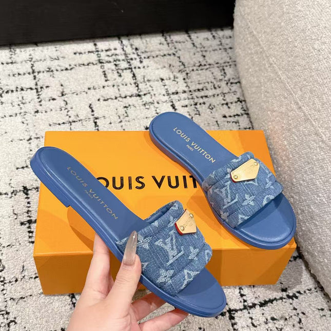 LV FLAT MULES BLUE IN BLUE DENIM GOLD-TONE PLAQUE