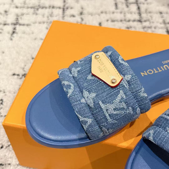 LV FLAT MULES BLUE IN BLUE DENIM GOLD-TONE PLAQUE