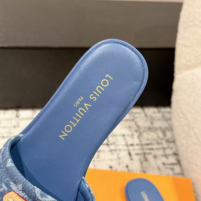 LV FLAT MULES BLUE IN BLUE DENIM GOLD-TONE PLAQUE