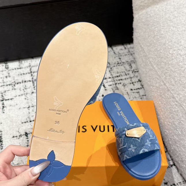 LV FLAT MULES BLUE IN BLUE DENIM GOLD-TONE PLAQUE