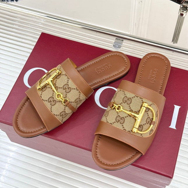 HORSEBIT SLIDE SANDALS BROWN CANVAS AND LEATHER WITH GOLD HARDWARE