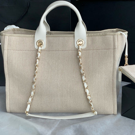 SHOPPING BAG 38 IN BEIGE AND WHITE CANVAS
