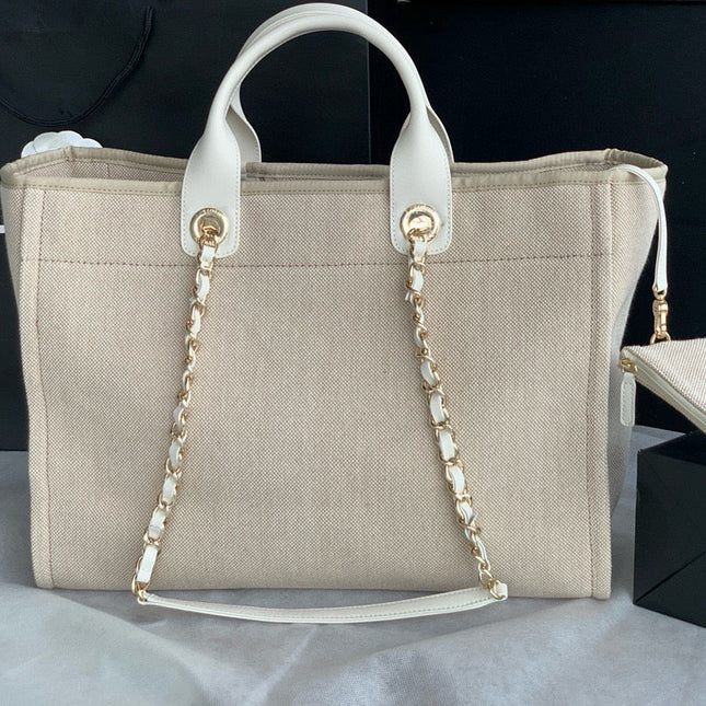 SHOPPING BAG 38 IN BEIGE AND WHITE CANVAS