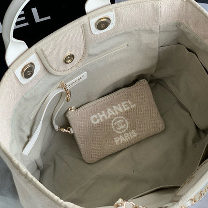 SHOPPING BAG 38 IN BEIGE AND WHITE CANVAS