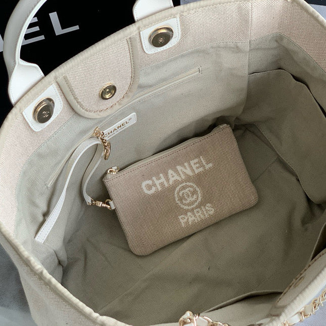 SHOPPING BAG 38 IN BEIGE AND WHITE CANVAS