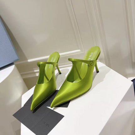 PRA 75 POINTED SATIN MULES IN GREEN FLEECE HEEL