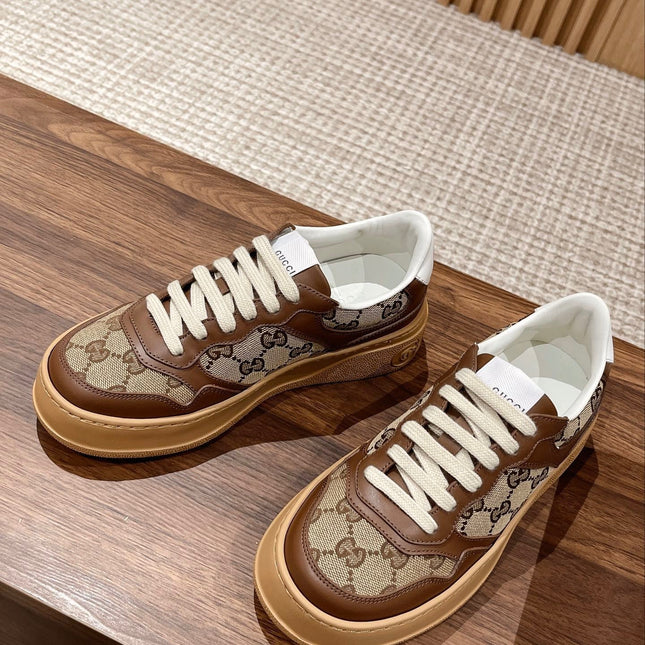 GG SCREENER SNEAKERS IN BROWN CANVAS AND LEATHER
