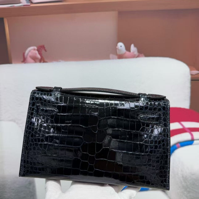 HM KELLY MINI 22 IN BLACK AMERICAN ALLIGATOR GOLD BUCKLE
